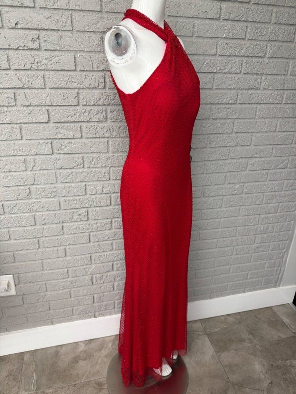 Betsy & Adam Women's Stone Mesh Halter Neck Red Dress Size 8 - Picture 5 of 12